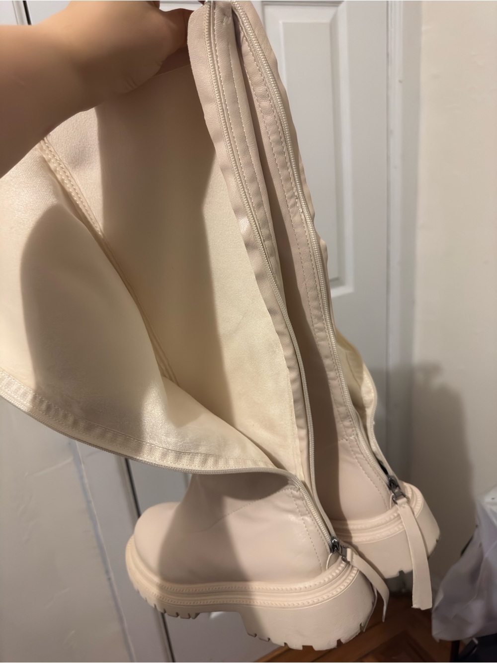 Knee-High Chunky Lug Sole Boots in Cream - Women's Ankle & Bootie Style - Picture 5 of 5